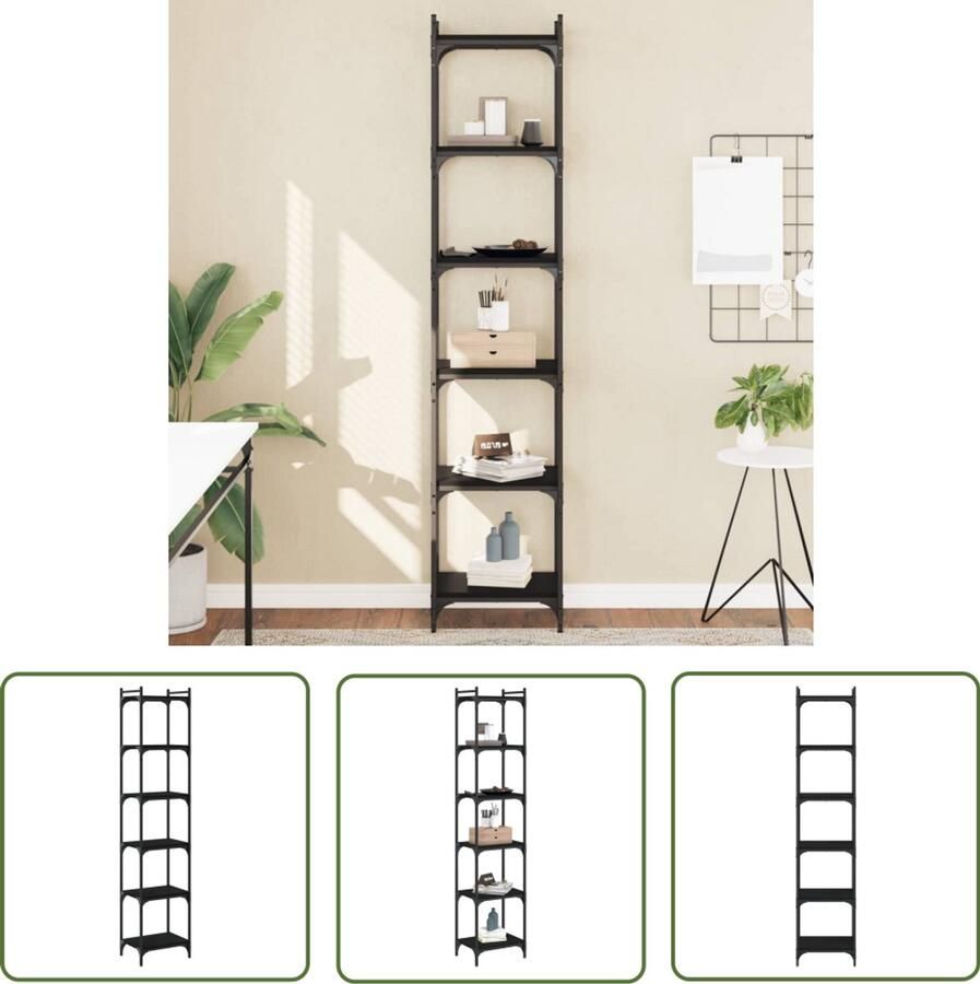 VidaXL Houten Boekenkast 6-laags 40x30x188 cm bewerkt hout zwart Zwarte Boekenkast Boekenplank Opslagoplossing