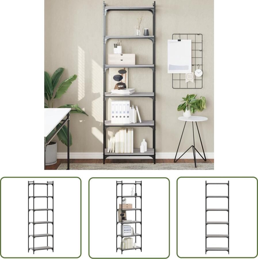 The Living Store Boekenkast 6-laags 60x30x188 cm bewerkt hout grijs sonoma Boekenkast Houten Boekenkast Grijze Boekenkast Bibliotheek Opslagmeubel