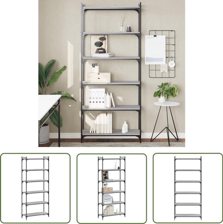 The Living Store Boekenkast 6-laags 80x30x188 cm bewerkt hout grijs sonoma Boekenkast Houten Boekenkast Grijze Boekenkast Industrieel Design Bibliotheekkast