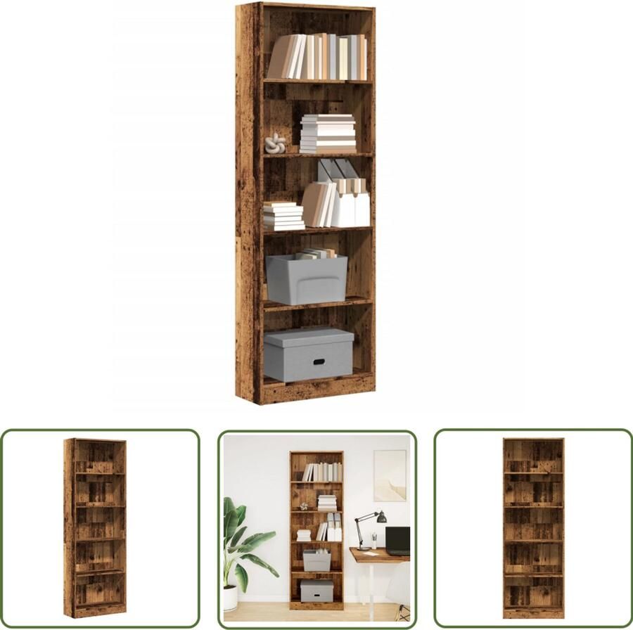 The Living Store Boekenkast 60x24x176 cm bewerkt hout oud houtkleurig Boekenkast Houten Boekenkast Opbergkast Bibliotheekkast Vintage Boekenkast
