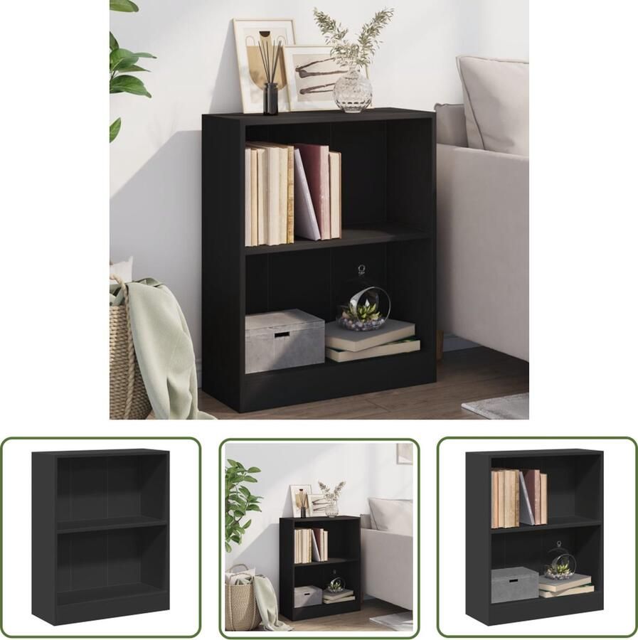 The Living Store Boekenkast Zwart 60 x 24 x 74.5 cm 2-laags ontwerp Boekenkast Houten Boekenkast Zwarte Boekenkast Boekenplank Opslagmeubel - Foto 2