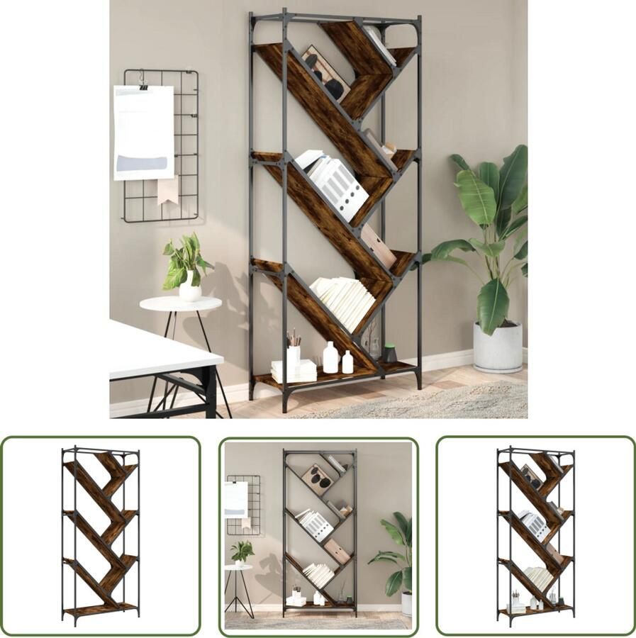 The Living Store Boekenkast 79x30x180 cm bewerkt hout en metaal gerookt eiken Boekenkast Houten Boekenkast Vintage Boekenkast Industriële Boekenkast Design Boekenkast