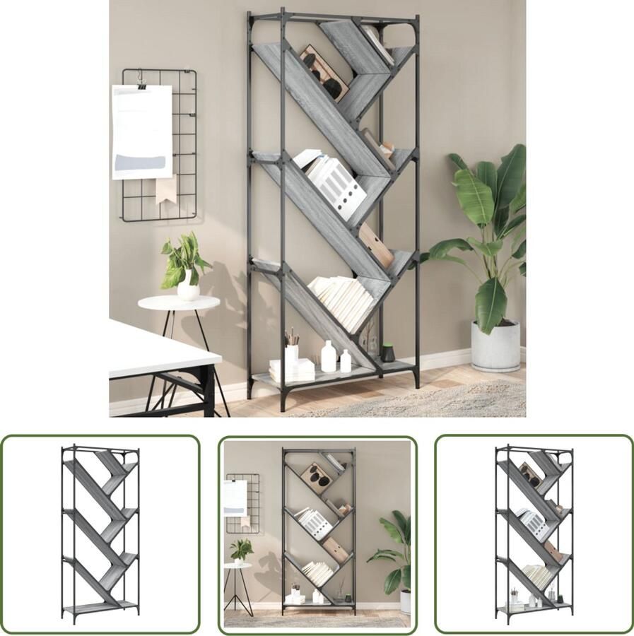 The Living Store Boekenkast 79x30x180 cm bewerkt hout en metaal grijs sonoma Boekenkast Houten Boekenkast Grijze Boekenkast Vintage Boekenkast Industriële Boekenkast