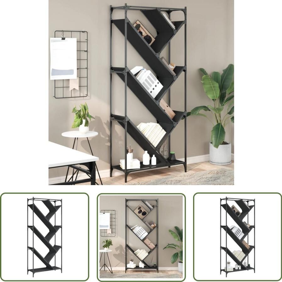 The Living Store Boekenkast 79x30x180 cm bewerkt hout en metaal zwart Boekenkast Houten Boekenkast Zwarte Boekenkast Vintage Boekenkast Industriële Boekenkast