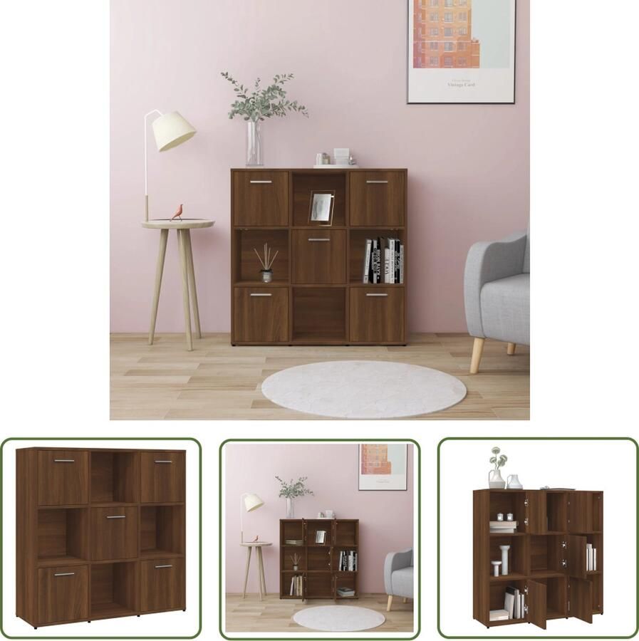 The Living Store Boekenkast Bruineiken 90 x 30 x 90 cm 9 vakken (5 met deuren) Boekenkast Houten Boekenkast Bruine Eiken Boekenkast Opbergkast Bibliotheek - Foto 2