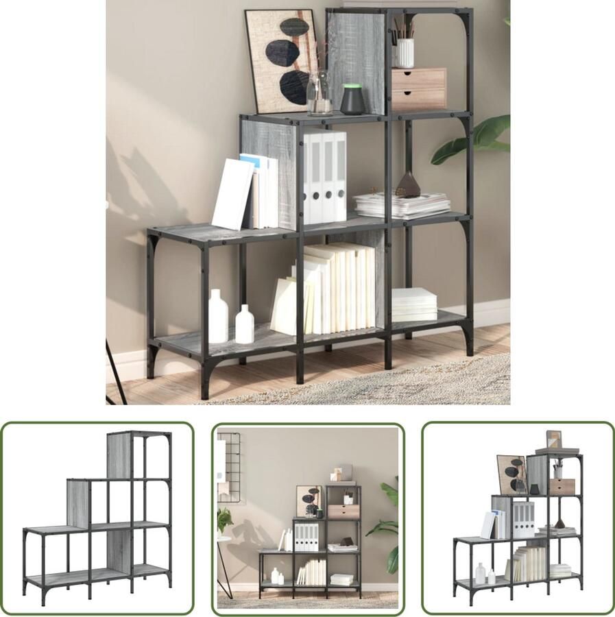 The Living Store Boekenkast 92x30x102 cm bewerkt hout en metaal grijs sonoma Boekenkast Houten Boekenkast Grijze Boekenkast Eiken Boekenkast Traptreden Boekenkast