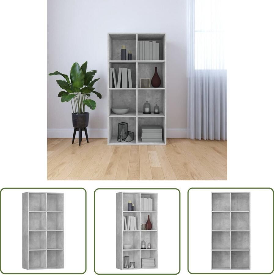 The Living Store Boekenkast Betongrijs 66 x 30 x 130 cm Bewerkt hout 8 vakken Boekenkast Houten Boekenkast Tv-stand Bergruimte Grijze Boekenkast - Foto 2