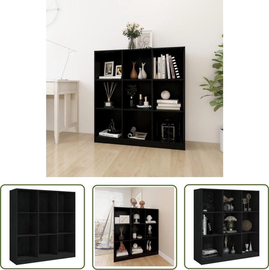 The Living Store Boekenkast kamerscherm 104x33 5x110 cm massief grenenhout zwart Boekenkast Houten Boekenkast Bibliotheek Grenoble Hout Zwarte Boekenkast - Foto 2