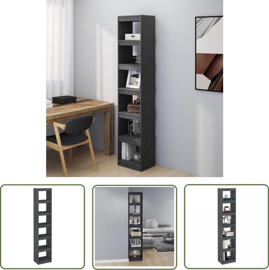 The Living Store Boekenkast kamerscherm 40x30x199 cm massief grenenhout grijs Boekenkast Houten Boekenkast Grenoble Hout Boekenkast Bibliotheek Opslagmeubel - Foto 2