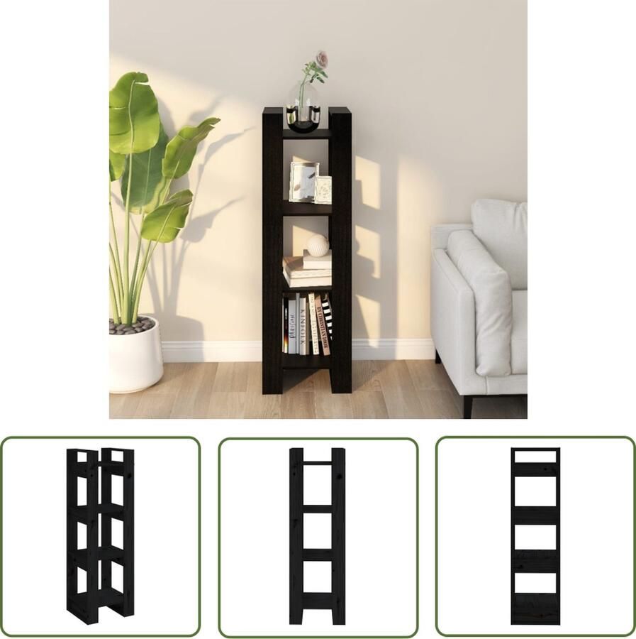 The Living Store Boekenkast kamerscherm 41x35x125 cm massief grenenhout zwart Boekenkast Houten Boekenkast Grenenhout Boekenkast Zwarte Boekenkast Boekenplank - Foto 2