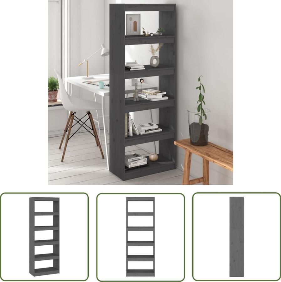The Living Store Boekenkast kamerscherm 60x30x167 5 cm massief grenenhout grijs Boekenkast Houten Boekenkast Grenoble Hout Boekenkast Bibliotheek Opslagkast - Foto 2