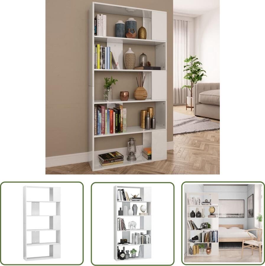 The Living Store Boekenkast Bewerkt Hout 80x24x159 cm Hoogglans wit Boekenkast Houten Boekenkast Witte Boekenkast Bibliotheek Opslagmeubel - Foto 2