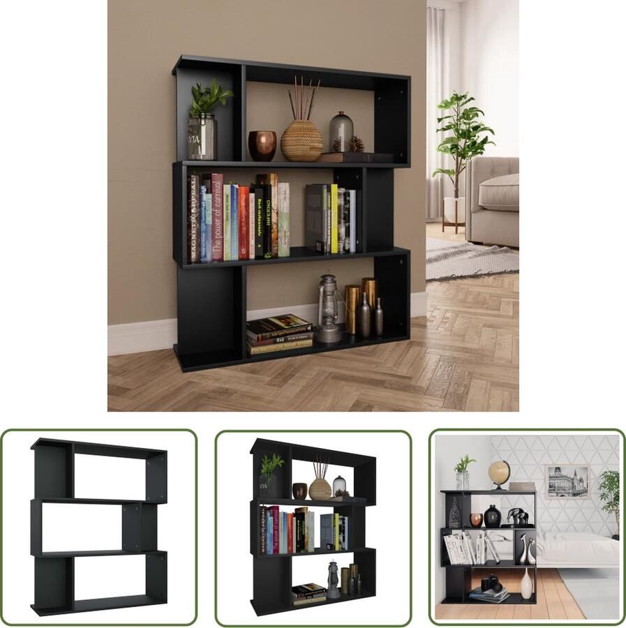 The Living Store Boekenkast kamerscherm 80x24x96 cm bewerkt hout zwart Boekenkast Houten Boekenkast Zwarte Boekenkast Bibliotheek Kamerdivider - Foto 2