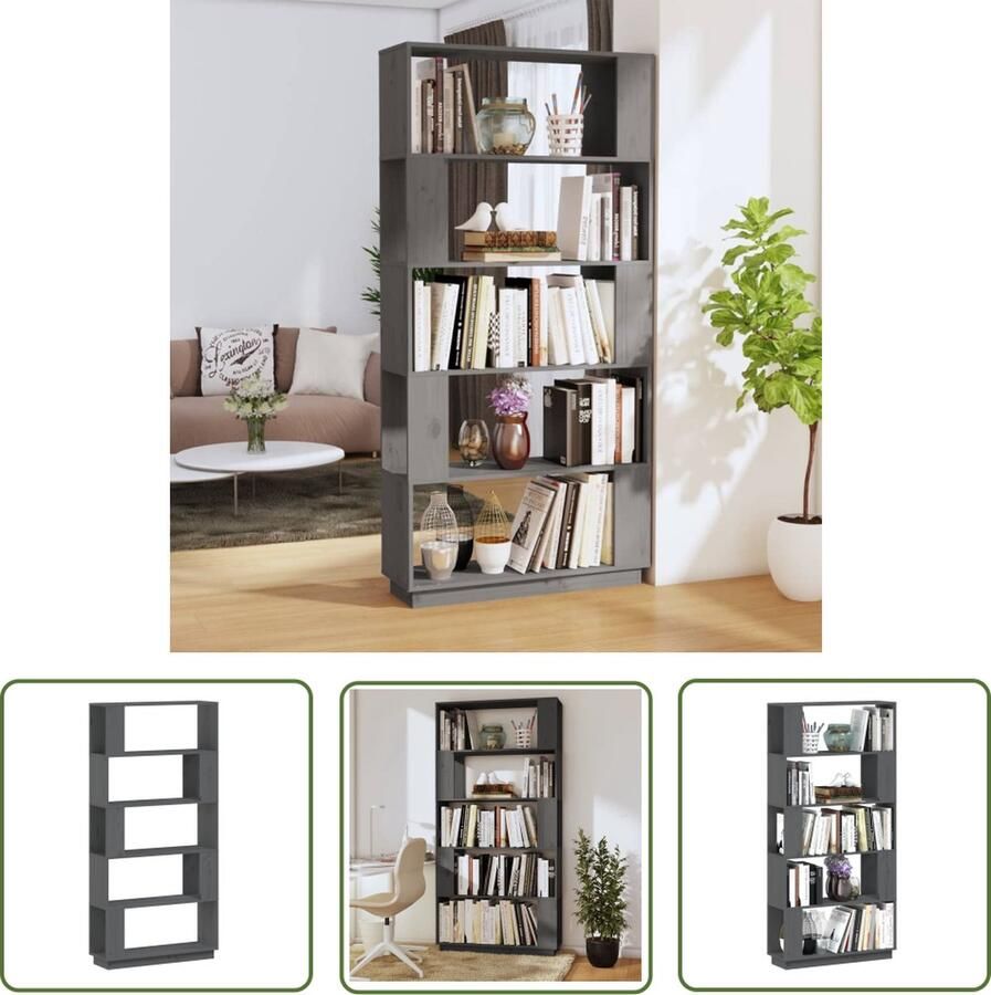The Living Store Boekenkast kamerscherm 80x25x163 5 cm massief grenenhout grijs Boekenkast Houten Boekenkast Boekenplank Grenoble Hout Vintage Boekenkast - Foto 2