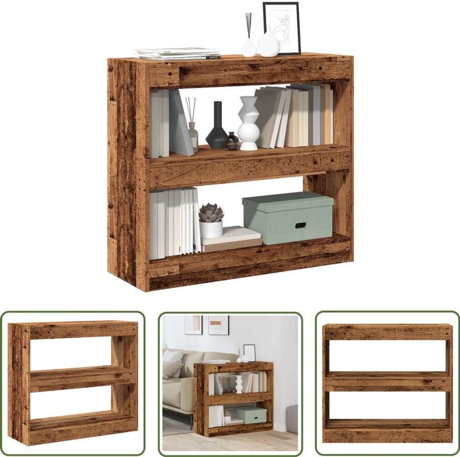 The Living Store Boekenkast kamerscherm 80x30x72 cm oud houtkleurig Boekenkast Houten Boekenkast Vintage Boekenkast Kamerdivider Wandplank