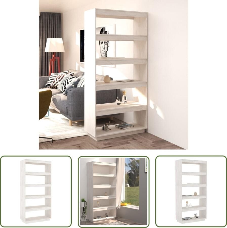 The Living Store Boekenkast Grenenhout Wit 80 x 35 x 167 cm Decoratief en praktisch meubel Boekenkast Houten Boekenkast Grenoble Hout Boekenkast Bibliotheek Kamerdivider - Foto 2