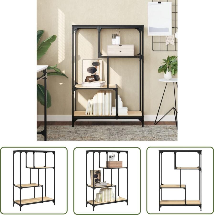 The Living Store Boekenrek 81 x 36 x 115 cm Duurzaam bewerkt hout en stalen frame Boekenrek Houten Boekenkast Industrieel Boekenrek Bibliotheek Kast Opbergkast