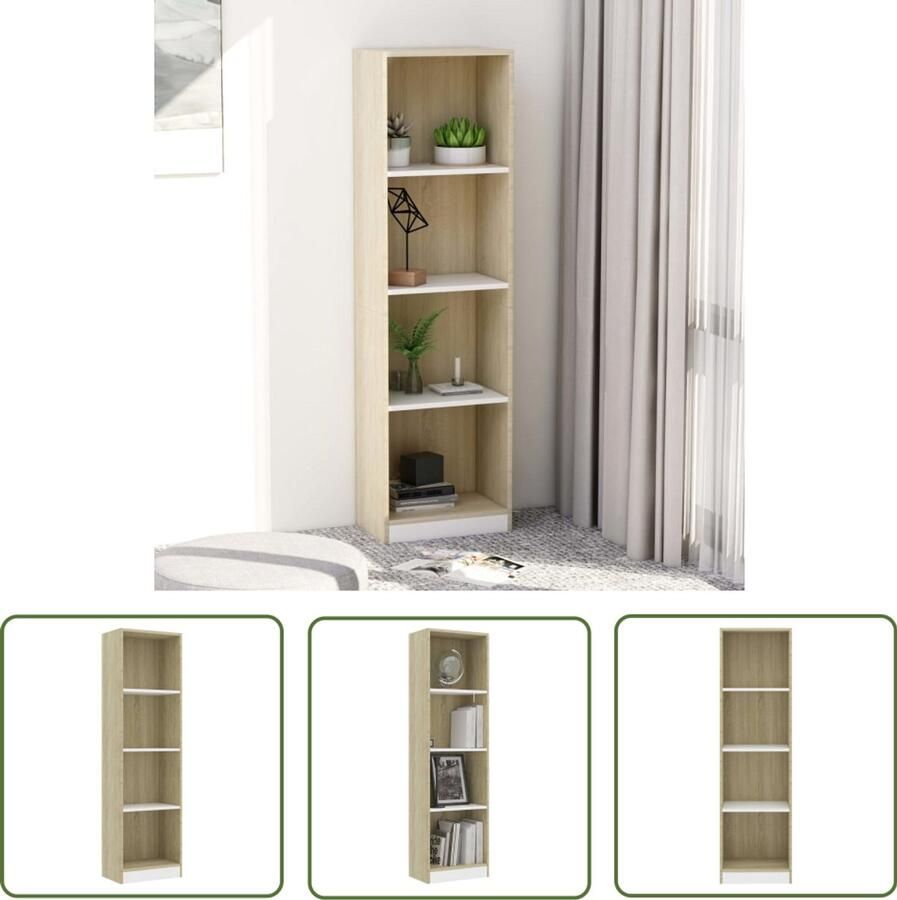 The Living Store Boekenkast met 4 schappen 40x24x142cm bewerkt hout wit en eiken Boekenkast Houten Boekenkast Witte Boekenkast Eiken Boekenkast Moderne Boekenkast