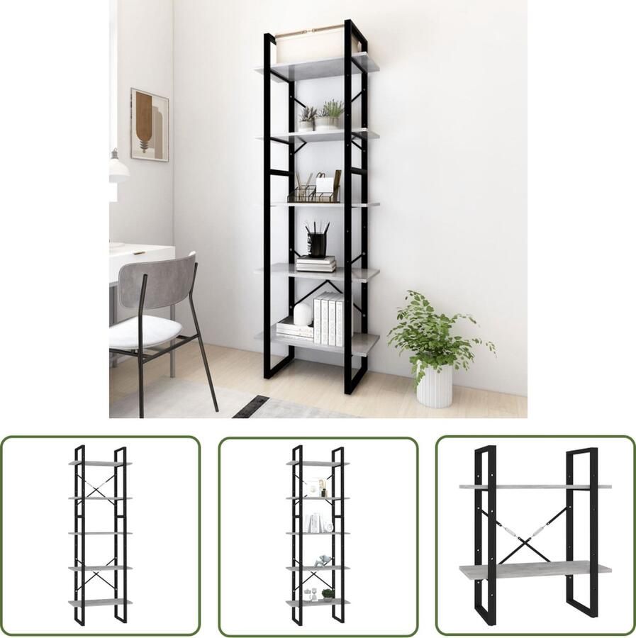 The Living Store Boekenkast met 5 schappen 60x30x175 cm bewerkt hout betongrijs Boekenkast Houten Boekenkast Grijze Boekenkast Industrieel Meubilair Moderne Boekenkast - Foto 2