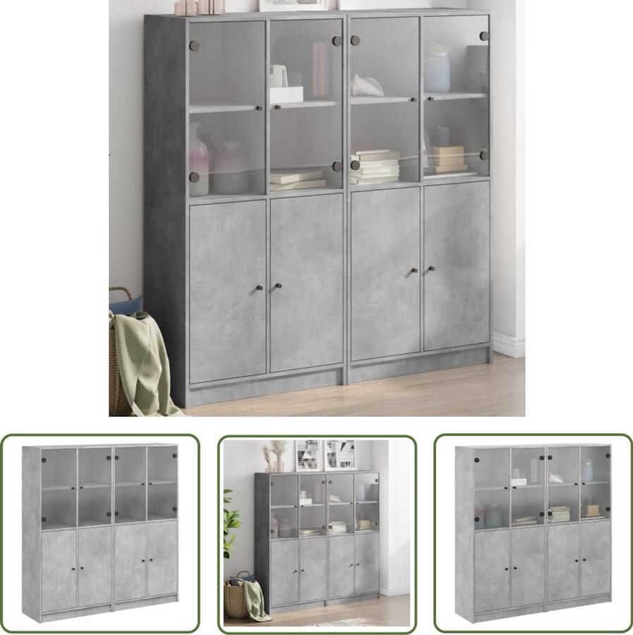 The Living Store Boekenkast met deuren 136x37x142 cm bewerkt hout betongrijs Boekenkast Houten Boekenkast Betongrijs Boekenkast Boekenplank Vitrinekast