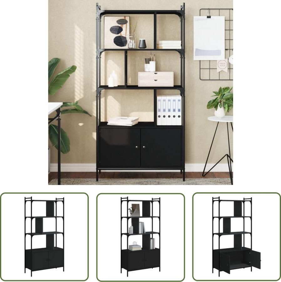 The Living Store Boekenkast Zwart 76.5 x 30 x 154.5 cm Staal en bewerkt hout Boekenkast Houten Boekenkast Zwarte Boekenkast Boekenplank Bibliotheek