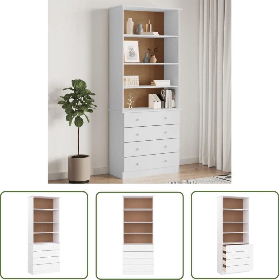 The Living Store Boekenkast met lades ALTA 77x35x186 5 cm massief grenenhout wit Boekenkast Houten Boekenkast Grenenhouten Boekenkast Bibliotheek Opbergkast