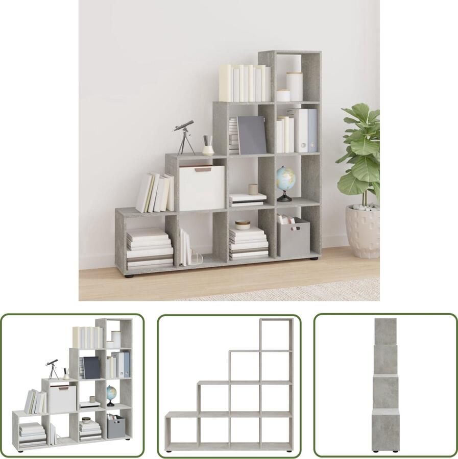 The Living Store Boekenkast trapvormig 142 cm bewerkt hout betongrijs Boekenkast Houten Boekenkast Grijze Boekenkast Stapelbare Boekenkast Boekenplank - Foto 2