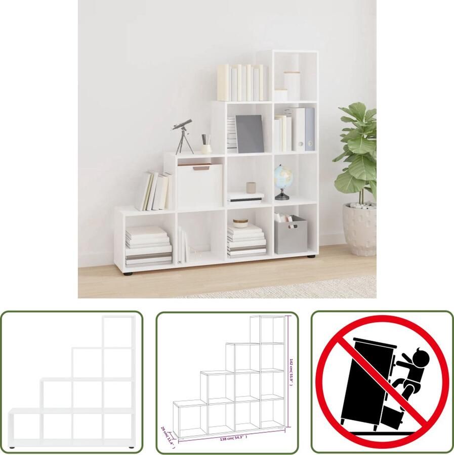 The Living Store Boekenkast Op Trappen GeÃ¯nspireerd 138 x 29 x 142 cm Hoogglans Wit Boekenkast Houten Boekenkast Bibliotheek Opbergkast Stapelbare Boekenkast - Foto 2