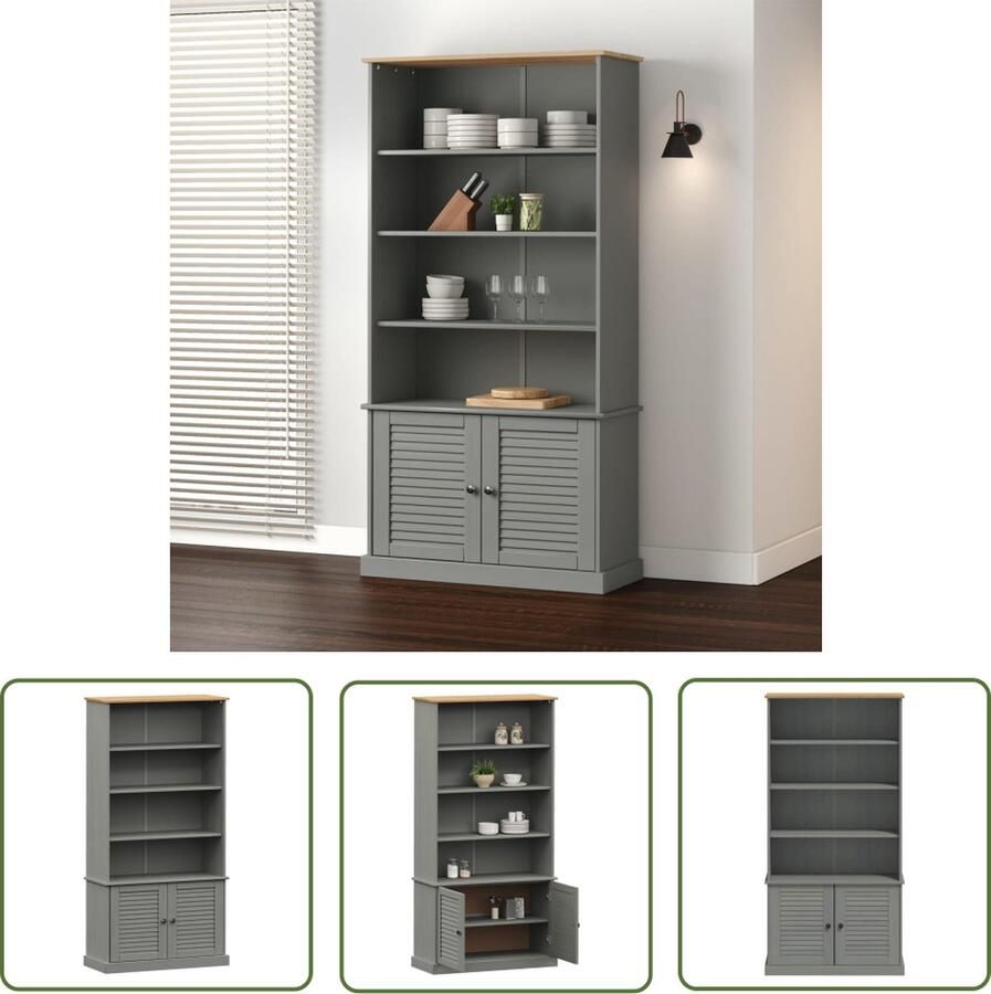 The Living Store VIGO Boekenkast 85 x 35 x 170 cm Grijs Massief grenenhout Metalen knoppen Boekenkast Houten Boekenkast Grenoble Boekenkast Vintage Boekenkast Bibliotheekkast