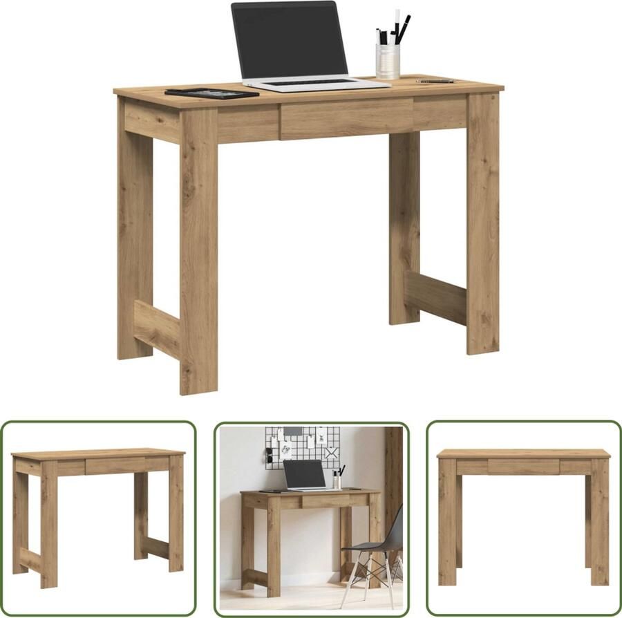 VidaXL Houten Bureau 100x45x75 cm bewerkt hout artisanaal eikenkleur Eiken Bureau Compact Bureau Kantoormeubilair