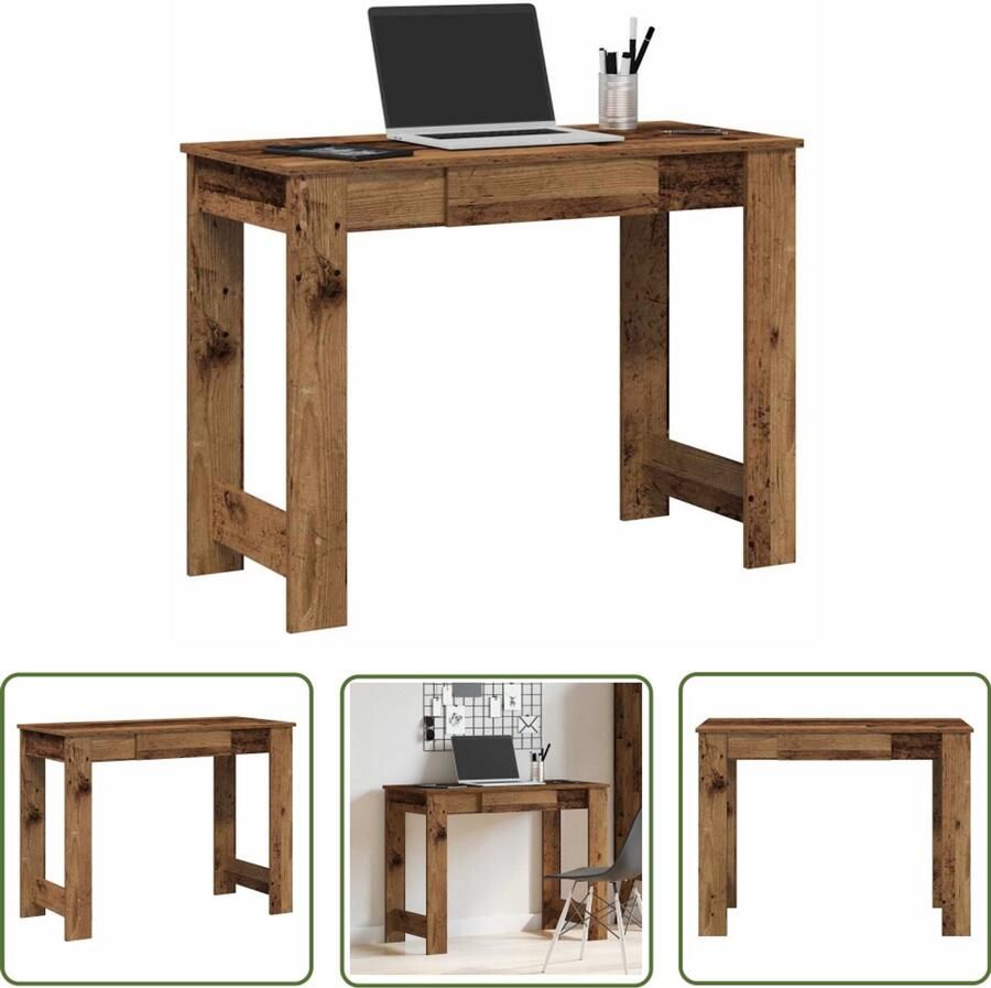 The Living Store Bureau 100x45x75 cm bewerkt hout oud houtkleurig Bureau Houten Bureau Vintage Bureau Compact Bureau Laptop Bureau