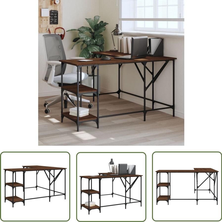 The Living Store Bureau 139x139x75 cm bewerkt hout bruin eikenkleur Bureau Houten Bureau Kantoorbureau Werkblad Home Office