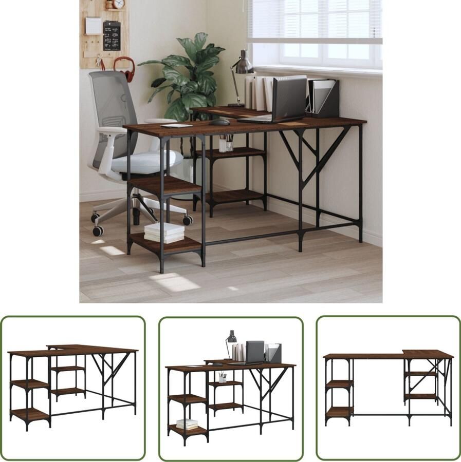 The Living Store Bureau 139x139x75 cm bewerkt hout bruin eikenkleur Bureau Houten Bureau Werkblad Home Office Computer Bureau