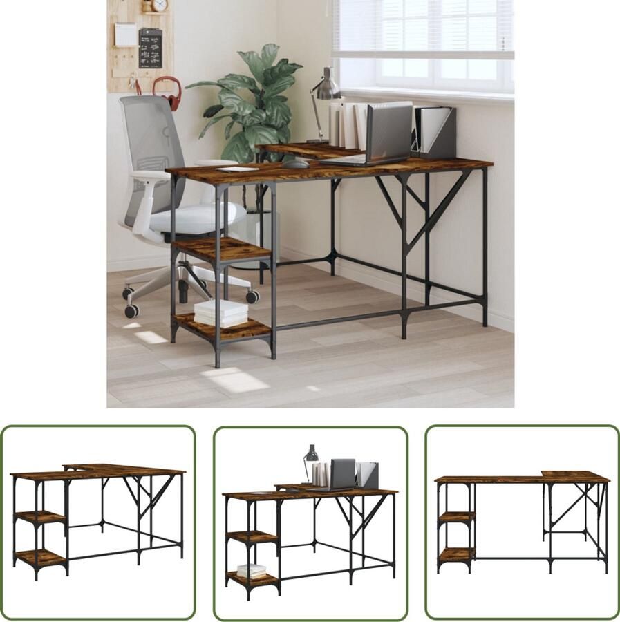 The Living Store Bureau 139x139x75 cm bewerkt hout gerookt eikenkleurig Bureau Houten Bureau Kantoorbureau Computerbureau Bruine Bureau