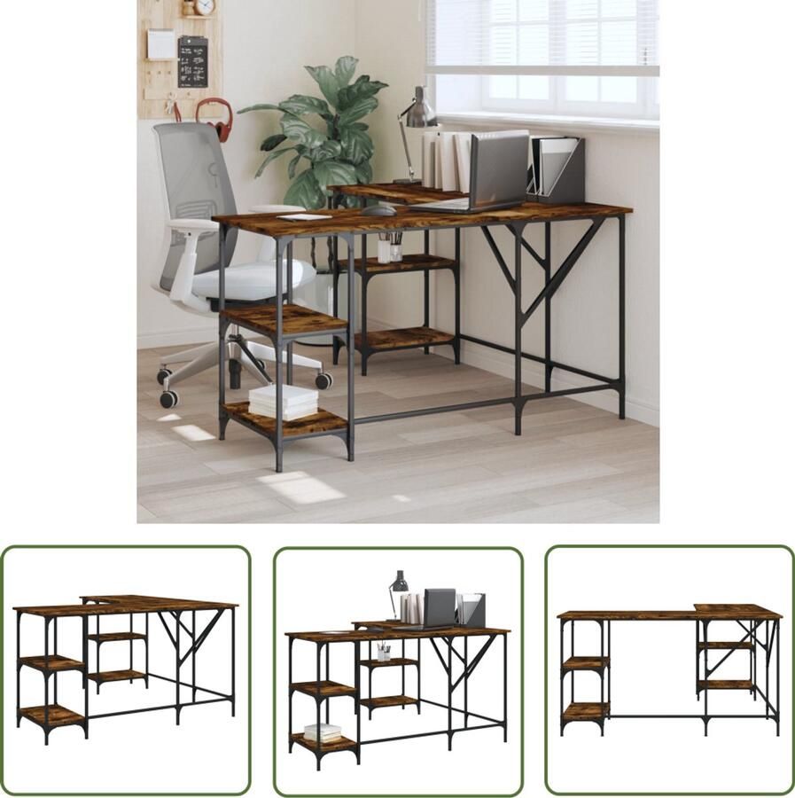 The Living Store Bureau 139x139x75 cm bewerkt hout gerookt eikenkleurig Bureau Houten Bureau Werkblad Computerbureau Home Office