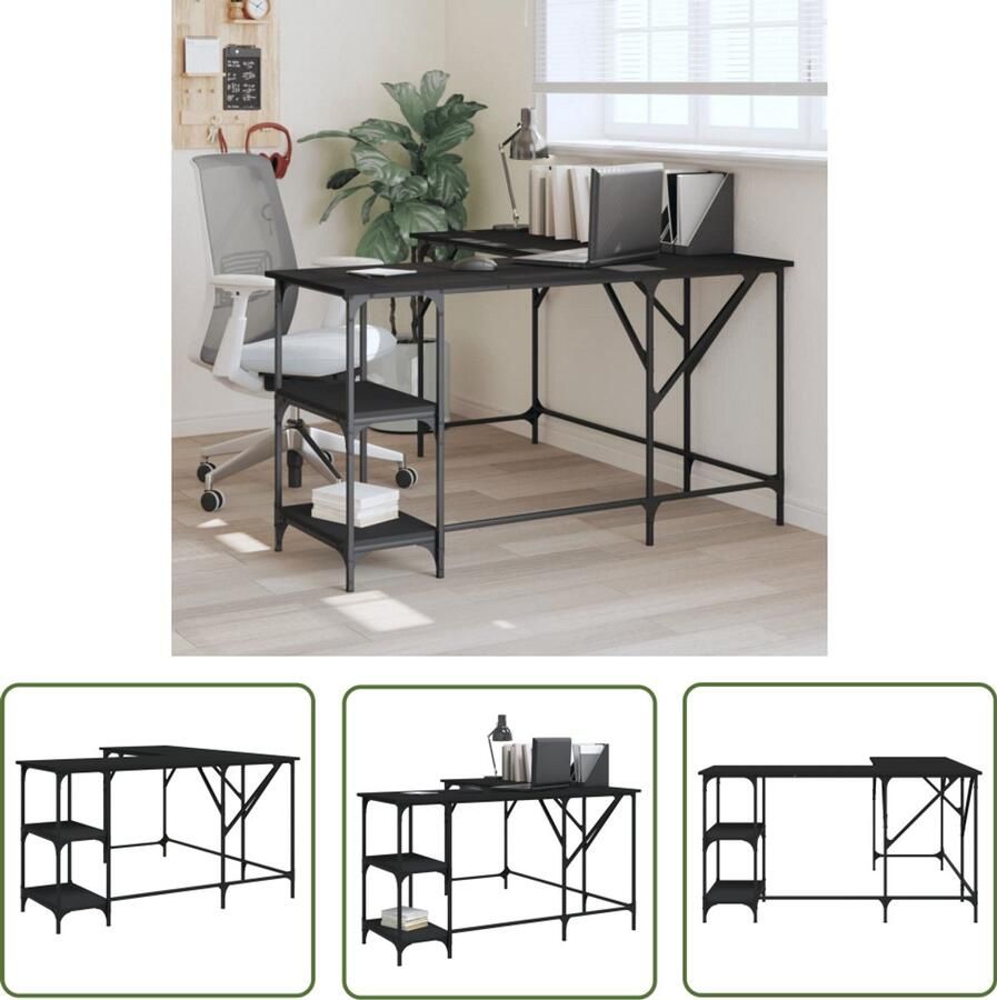 The Living Store Bureau 139x139x75 cm bewerkt hout zwart Bureau Houten Bureau Werkblad Home Office Modern Bureau