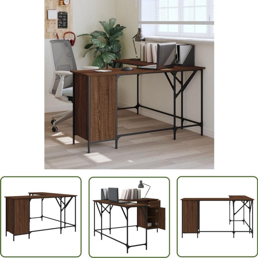 The Living Store Bureau 141x141x75 cm bewerkt hout bruin eikenkleur Bureau Houten Bureau Bruine Bureau Eiken Kleur Bureau Computer Bureau