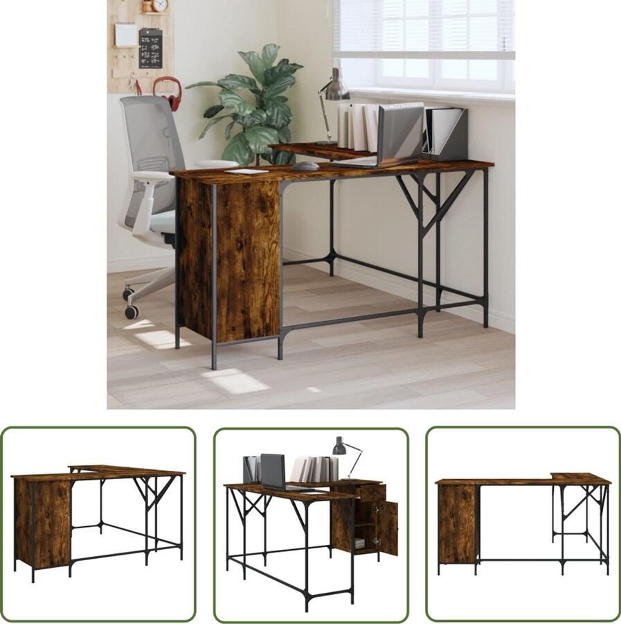 The Living Store Bureau 141x141x75 cm bewerkt hout gerookt eikenkleurig Bureau Houten Bureau Werkblad Home Office Kantoormeubilair