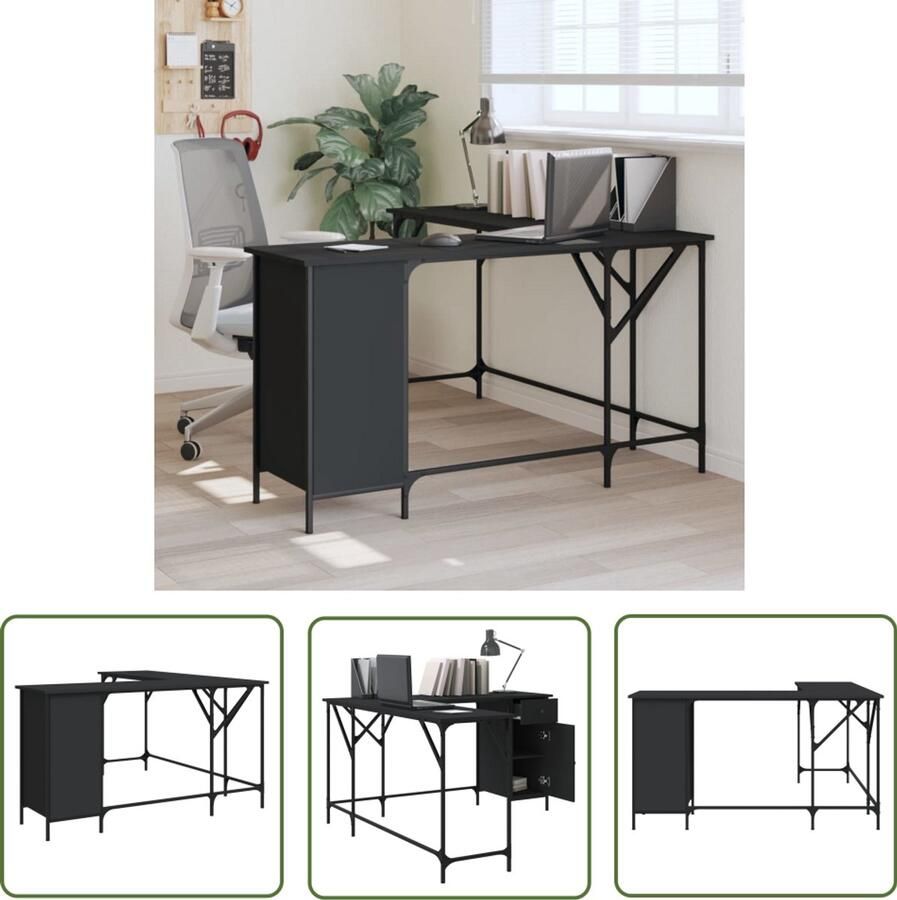 The Living Store Bureau 141x141x75 cm bewerkt hout zwart Bureau Houten Bureau Industrieel Bureau Kantoorbureau Computerbureau