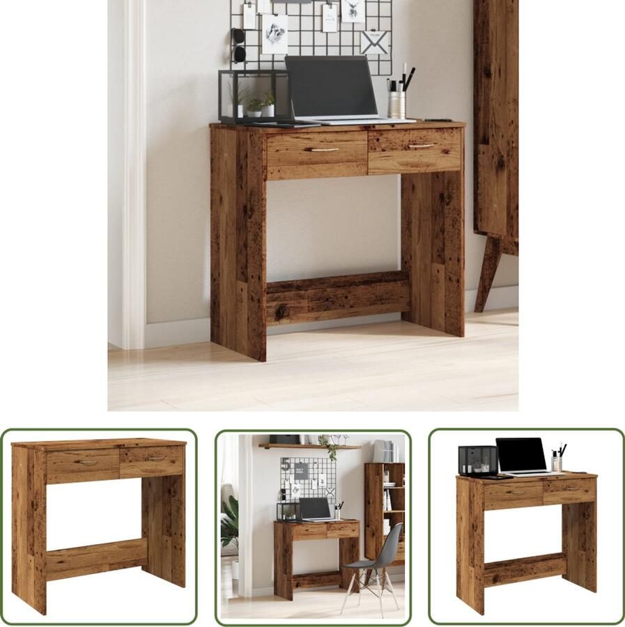The Living Store Bureau 80x40x75 cm bewerkt hout oud houtkleurig Bureau Houten Bureau Compact Bureau Schrijfbureau Laptop Bureau