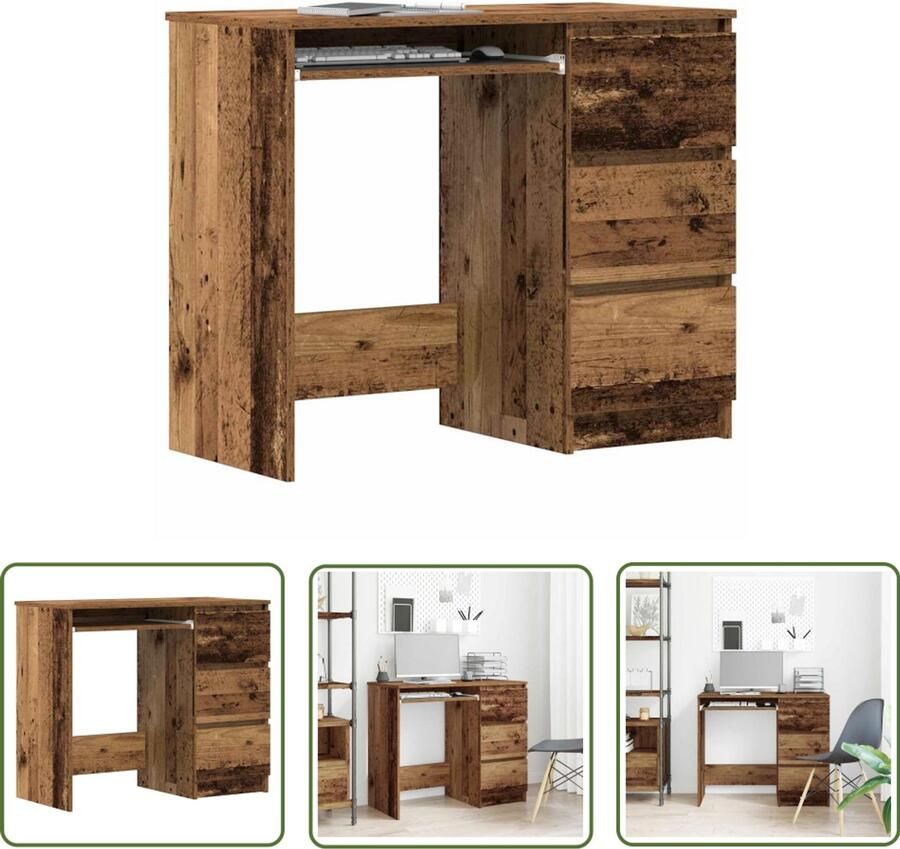 The Living Store Bureau 90x45x76 cm bewerkt hout oud houtkleurig Bureau Houten Bureau Vintage Bureau Schrijfbureau Werktafel