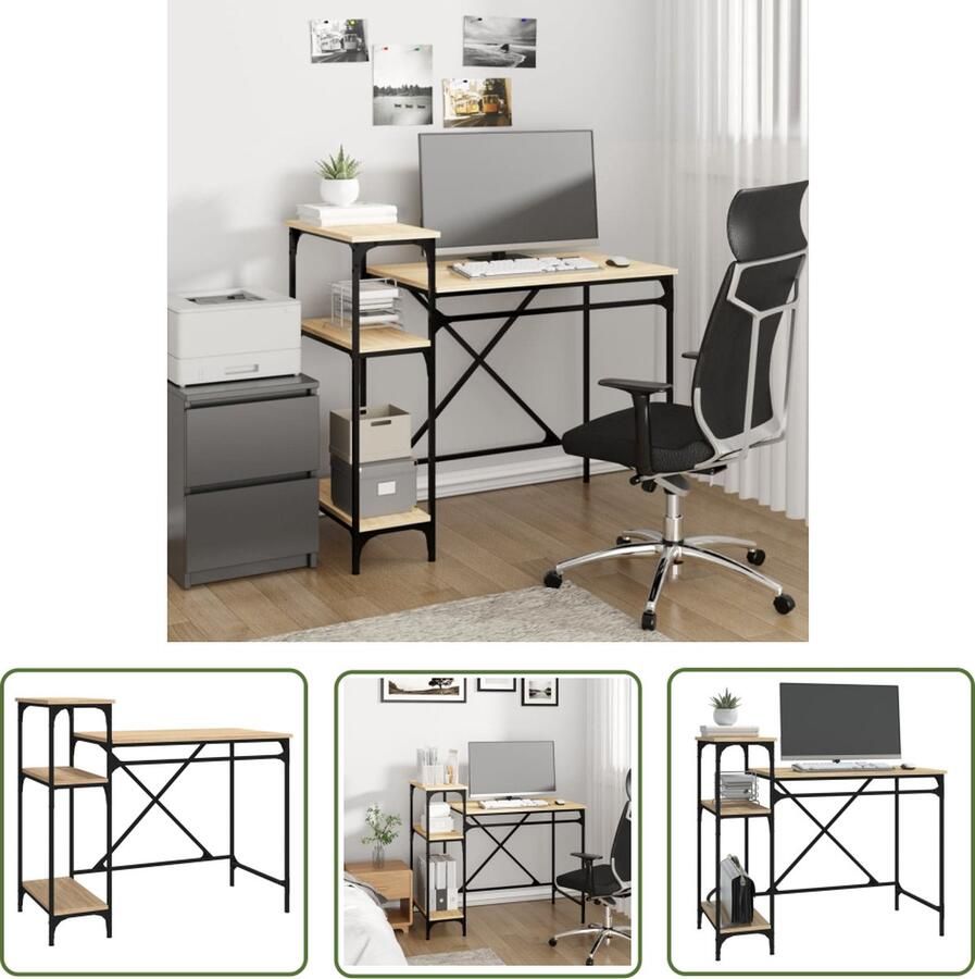 The Living Store Industrieel Bureau Sonoma eiken 105 x 50 x 90 cm Duurzaam bewerkt hout en ijzer Industriele Bureau Houten Bureau Met Vakken Sonoma Eiken Bureau Kantoormeubilair - Foto 2