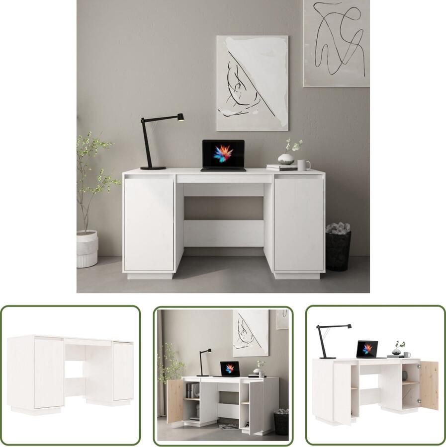 The Living Store Bureau Klassiek Wit 140 x 50 x 75 cm Massief grenenhout Klassieke Bureau Houten Bureau Wit Bureau Bureaublad Hout Bureau Modern - Foto 2