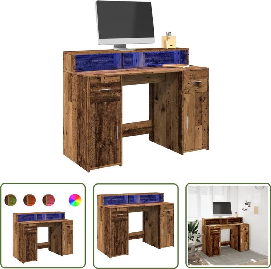 VidaXL Houten Bureau met LED-verlichting 120x55x91 cm bewerkt hout oud hout Computer Bureau Led Bureau Werkblad