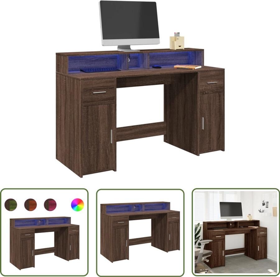 VidaXL Houten Bureau met LED-verlichting 140x55x91 cm hout bruin eikenkleurig Led Bureau Computer Bureau Home Office