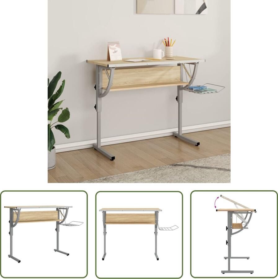 The Living Store Schrijftafel Sonoma eikenkleurig en grijs 110 x 53 x (58 87) cm Duurzaam materiaal Schrijfbureau Houten Bureau Bureaus Studentenburea Designbureau - Foto 2