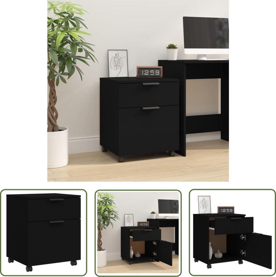 The Living Store Bureaukast Zwart 45 x 38 x 54 cm Bewerkt hout Met 4 wielen Bureaukast Houten Bureaukast Dossierskast Opbergkast Kast - Foto 2