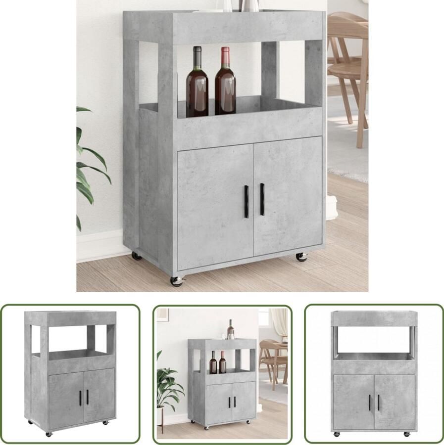 The Living Store Drankkar 60x39 5x89 cm bewerkt hout betongrijs Drank Kar Houten Drankkar Barwagen Keukentrolley Opslag Trolley