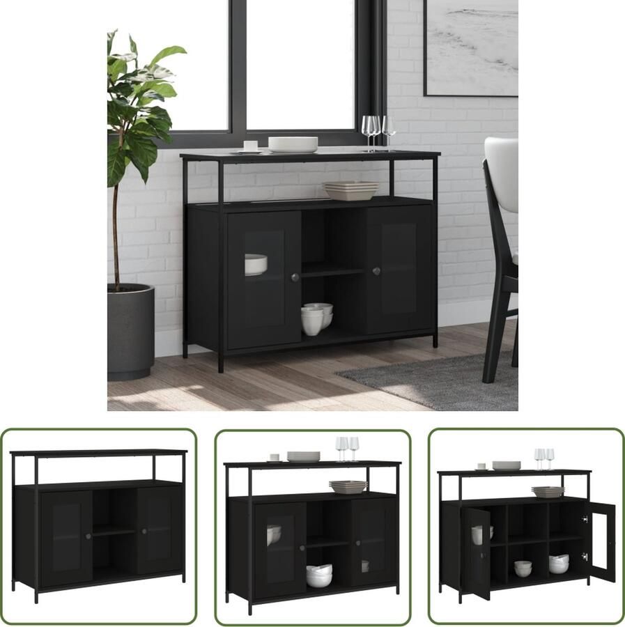The Living Store Dressoir 100x35x80 cm bewerkt hout zwart Dressoir Commode Opbergkast Houten Dressoir Zwart Dressoir