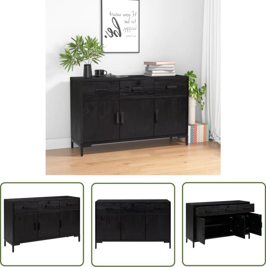The Living Store Dressoir 110x35x70 cm massief grenenhout zwart Dressoir Industrieel Dressoir Vintage Dressoir Houten Dressoir Grijze Dressoir